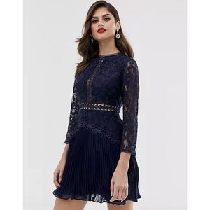 ASOS Lace Mini Dress With Trim Inserts And Pleated Skirt - Size 10 - Navy Blue